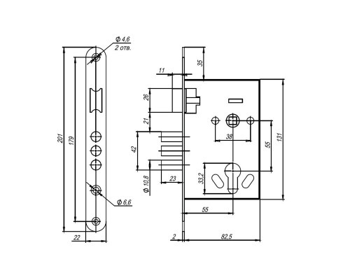 Корпус Ajax (Аякс) врезного замка с ручками на планке KIT А7-5555/3 W/B MOS