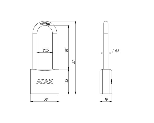 Замок Ajax (Аякс) навесной PD-0138-L (PD-01-38-L) 3 key англ.