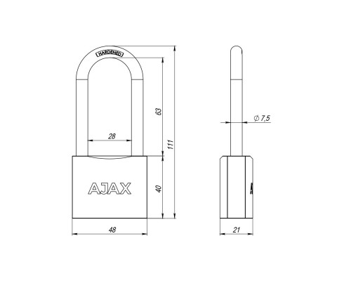 Замок Ajax (Аякс) навесной PD-0150-L (PD-01-50-L) 3 key англ.