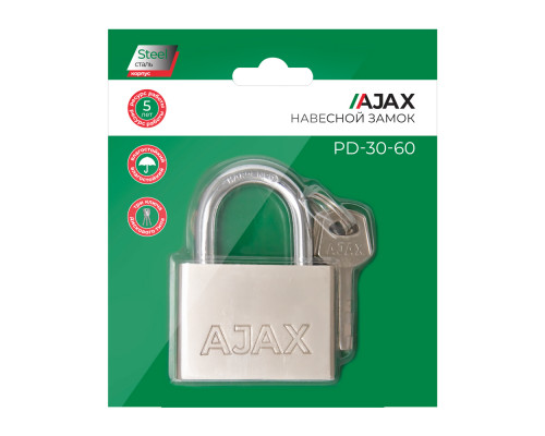 Замок Ajax (Аякс) навесной PD-3060 (PD-30-60) 3 fin key /блистер