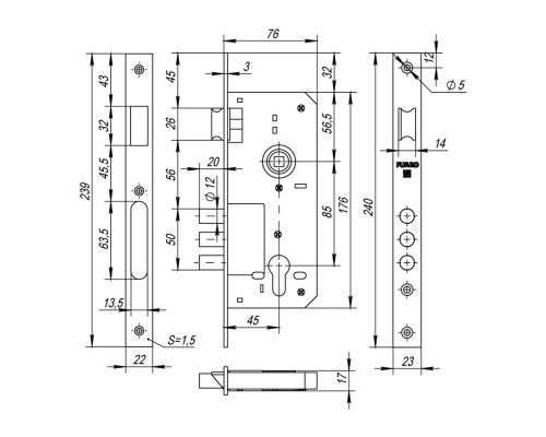 Корпус Fuaro (Фуаро) врезного замка с защёлкой DD900/C-45.85.3MR (900 3MR W/B) PB латунь