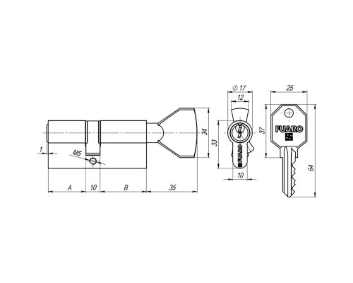 Цилиндровый Fuaro (Фуаро) механизм (100 CM/80) 1000CMKnob80(35+10+35) CP хром 3Key с вертушкой