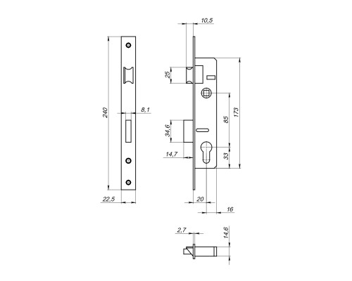 Корпус Fuaro (Фуаро) узкопрофильного замка с защелкой PROF153-20/85 (153-20/85) CP хром