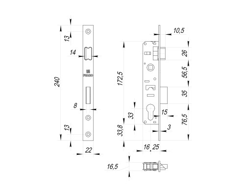 Корпус Fuaro (Фуаро) узкопрофильного замка с защелкой PROF153-25/85 (153-25/85) CP хром