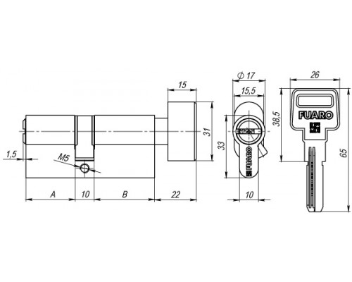 Цилиндровый Fuaro (Фуаро) механизм (R602/100) R6002Knob100(45+10+45) CP хром 5Key с вертушкой