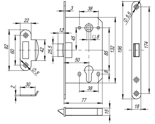 Корпус Fuaro (Фуаро) врезного замка c защёлкой PLASTP85C-50 (P85C-50) AB бронза