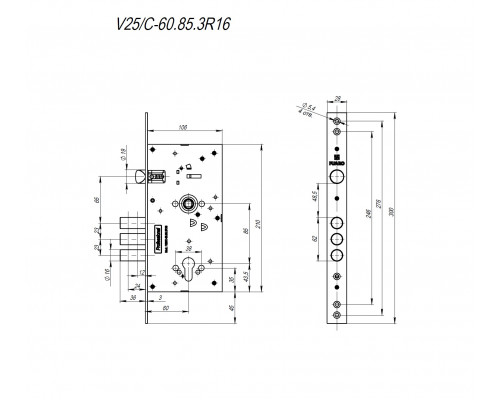 Корпус Fuaro (Фуаро) врезного замка c защёлкой MDV25/C-60.85.3R16