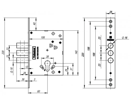 Корпус Fuaro (Фуаро) врезного замка MDV25/C-60.00.3R16