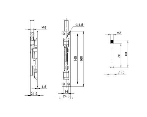 Задвижка Fuaro (Фуаро) торцевая RIGEL-set/160-210 D12x60mm в комплекте с ригелем