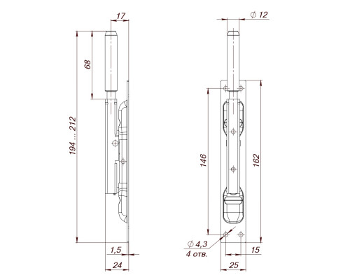Задвижка Fuaro (Фуаро) торцевая RIGEL-set/160-210 D12x80mm в комплекте с ригелем