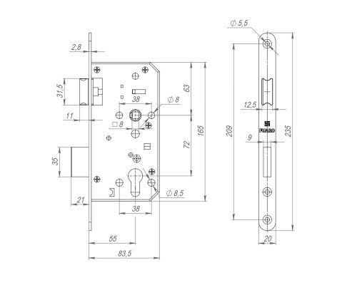 Замок Fuaro (Фуаро) врезной DD.INOX/C-55.72 (лиц.планка 20 мм)