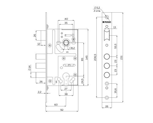 Корпус Fuaro (Фуаро) врезного замка c защёлкой MDV811/C-60.85.3R14