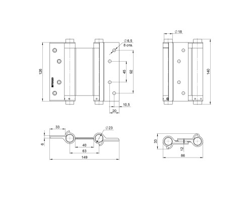 Пружинная Fuaro (Фуаро) двусторонняя (барная) петля DSH5 (125х86х1,5) INOX 201 AB бронза (блистер)
