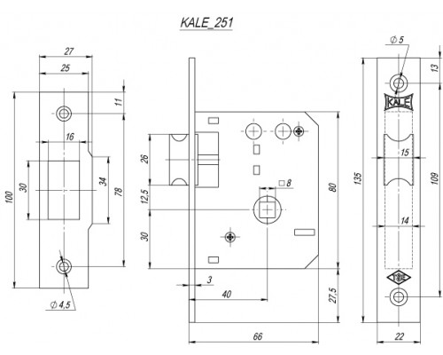 Защелка Kale kilit (Кале килит) врезная 251/R (40 mm) (латунь)