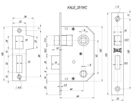 Защелка Kale kilit (Кале килит) врезная 251 WC (44 mm) (никель), прав.