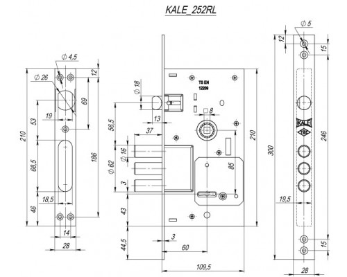 Замок Kale kilit (Кале килит) врезной сувальдный с защёлкой 252/RL (тех. комплектация), 4 кл. (кл. 60 мм)