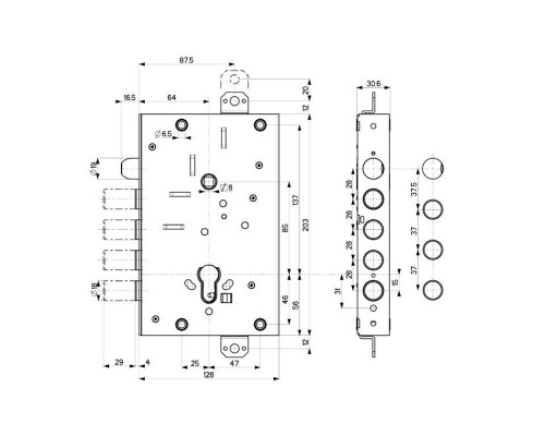 Корпус Mottura (Моттура) врезного замка с защёлкой 82.515W800B Универсальный