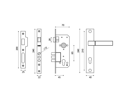 Замок цилиндровый Punto (Пунто) с ручкой LOCKSET90.ORION.4585-3 (KIT P90 4585/3 ORION) SN/CP мат.никель/хром