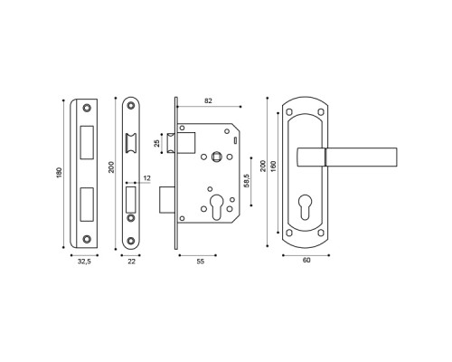 Корпус замка Punto (Пунто) с ручкой LOCKSET25.ORION.5558-1 (KIT P25 5558 ORION) SN/CP мат.никель/хром