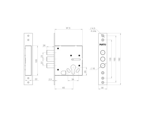 Корпус Punto (Пунто) врезного замка цилиндровый MDV30/C-65.00 CP хром тех.уп.