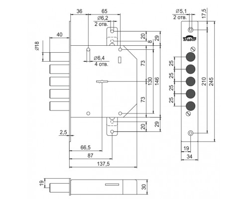 Замок Elbor (Эльбор) врезной сувальдный Гранит 1.06.02 с тягами, 5 кл. (длинный ключ) /00449/
