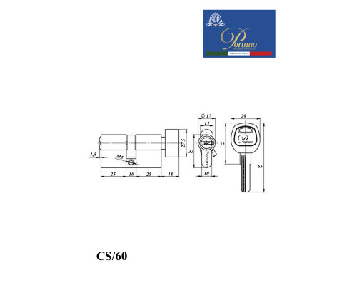 Цилиндровый механизм PORTUNO. Арт.CS60.04, 60м. (30+30), Цвет, Белый. ключ-вертушка